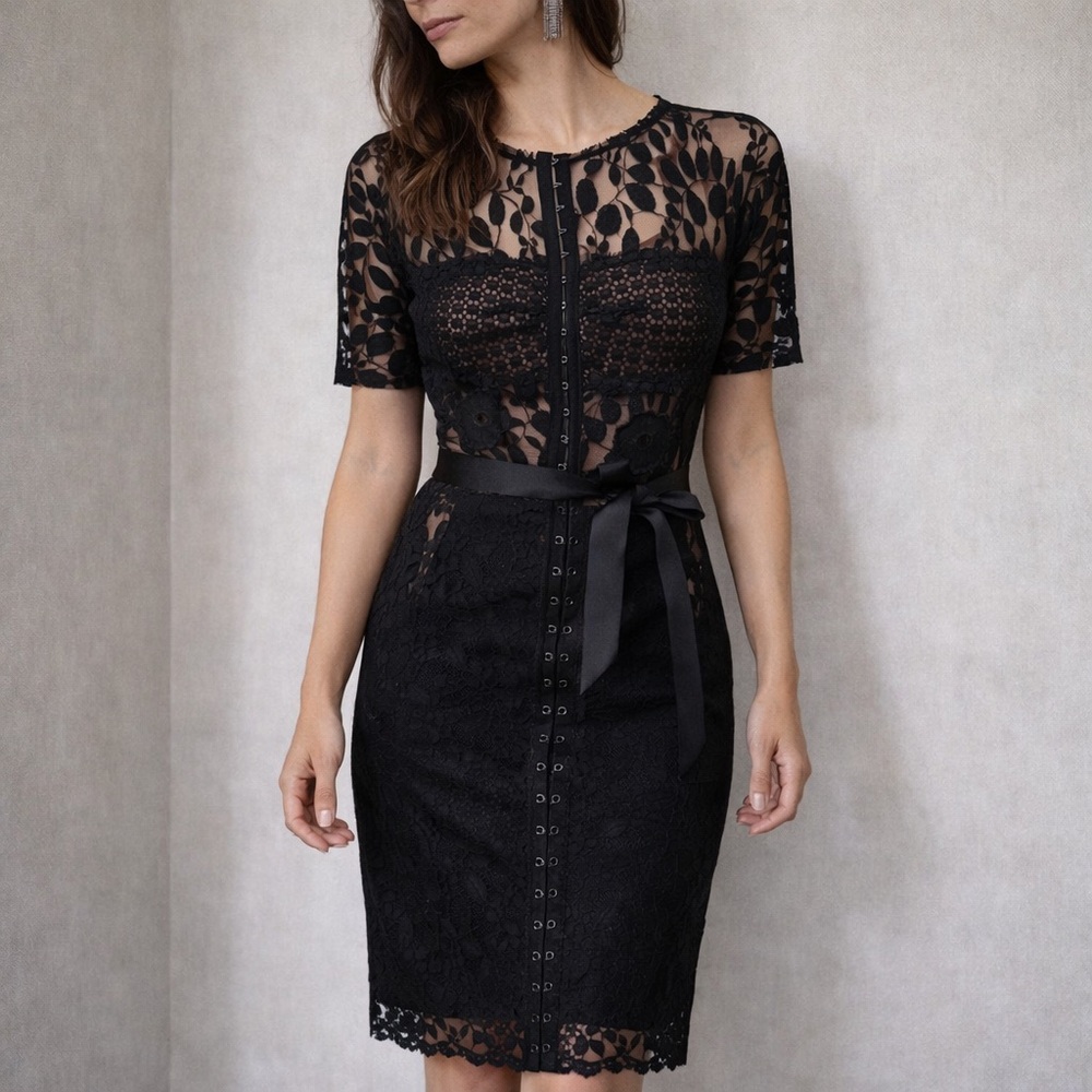 Beguile By Byron Lars Carissima Black Lace Midi Sheath Dress Size 4 Cocktail